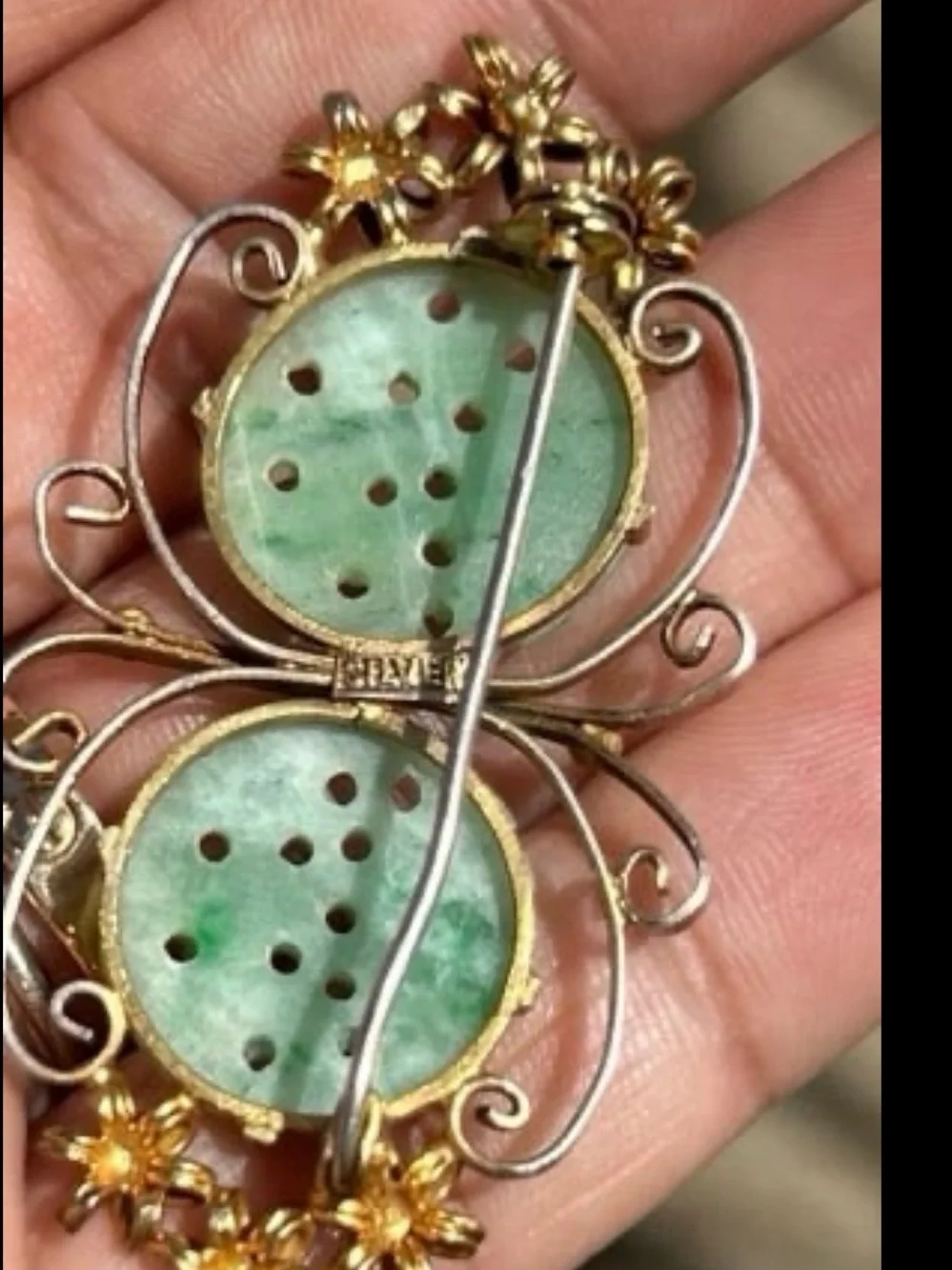 Chinese Export Gold Vermeil Filigree Silver Carved Jade Jadeite butterfly pin